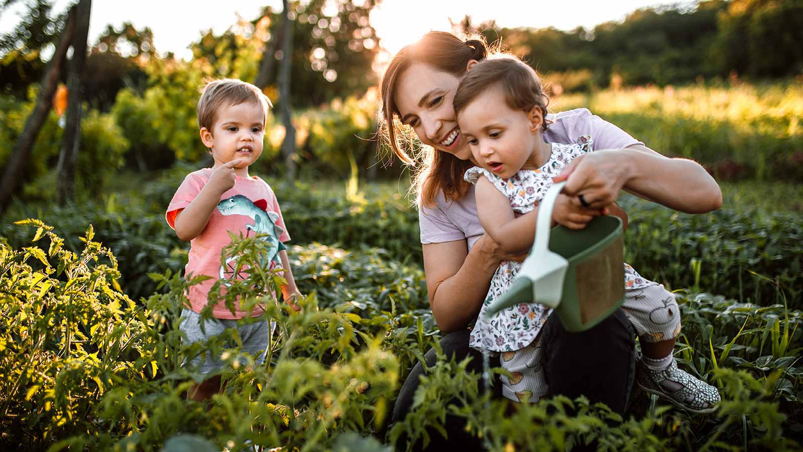 A mom works and plays in the family garden on a sunny day with her young son and toddler-aged daughter.