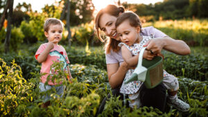 A mom works and plays in the family garden on a sunny day with her young son and toddler-aged daughter.