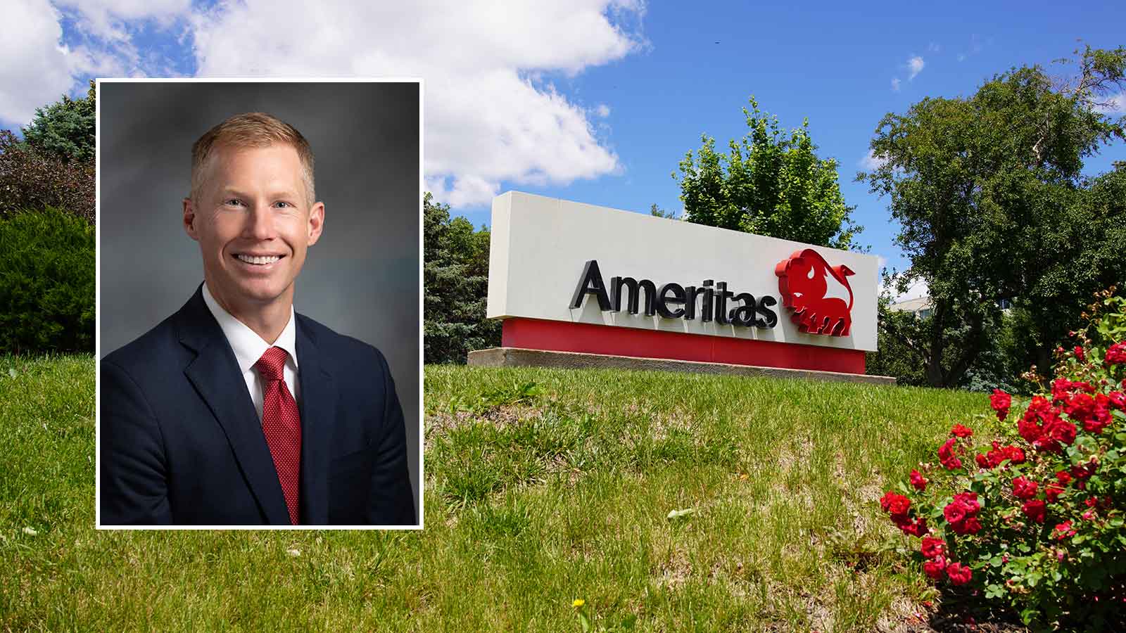 A professional headshot of Kelly Halverson, senior vice president, chief actuary and underwriting, in front of a photo of the Ameritas building at springtime.