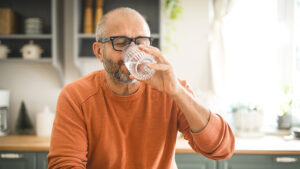 Older man wearing glasses drinking a glass of water with his eyes closed.