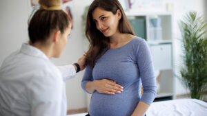 Pregnant woman having consult with doctor.